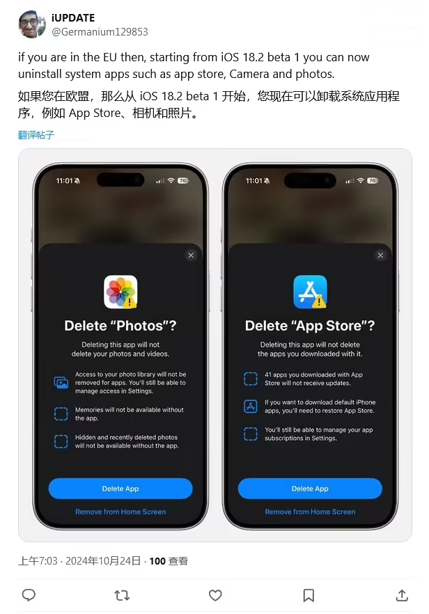 泗水苹果手机维修分享iOS 18.2 支持删除 App Store 应用商店 